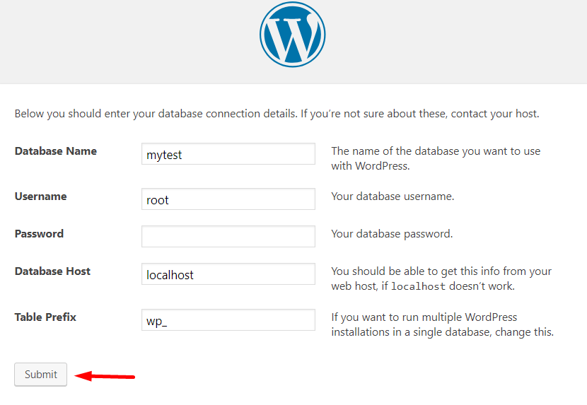 WordPress installation wizard localhost setup