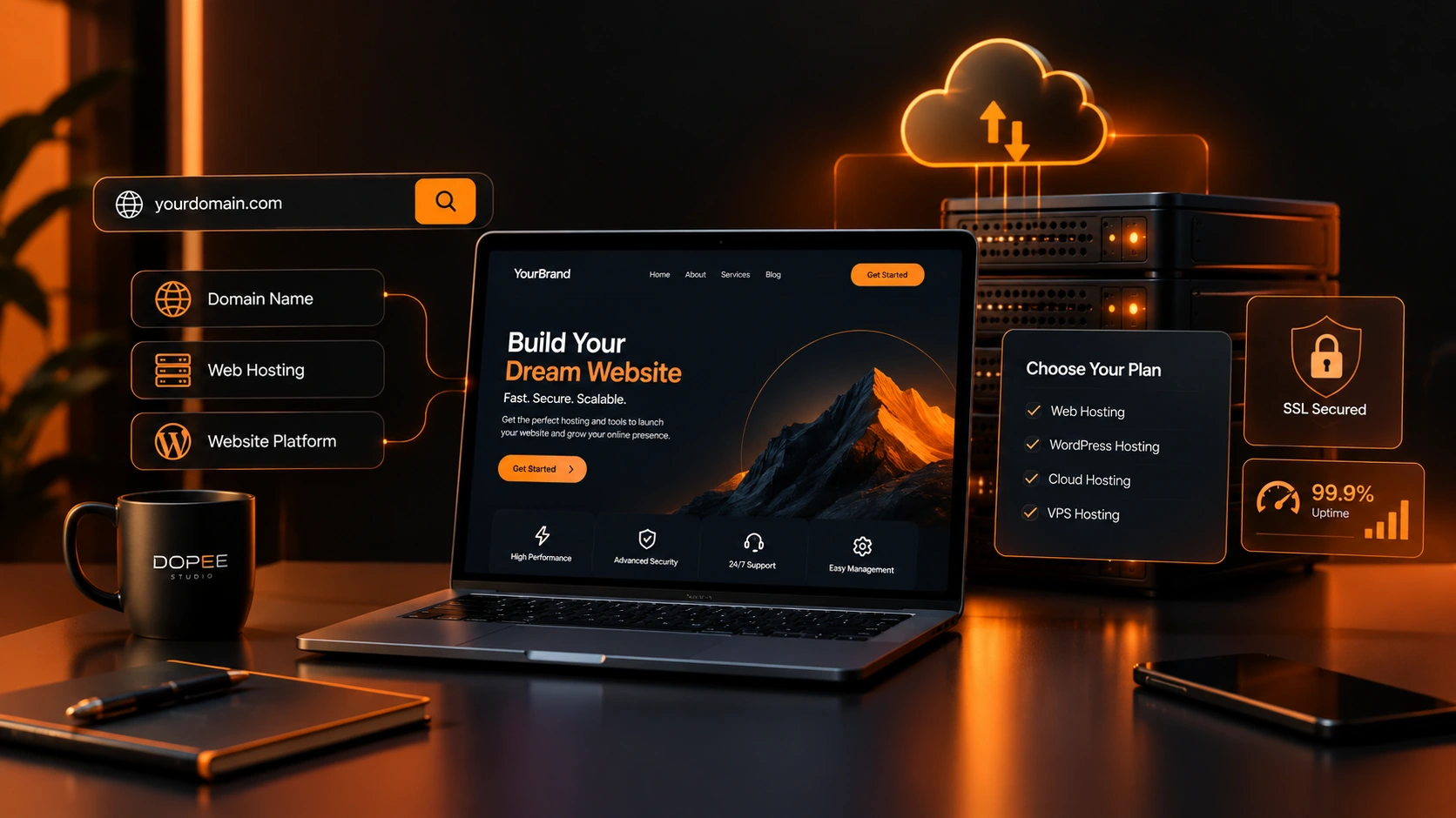 Web hosting setup with domain name, website platform, servers, and security features