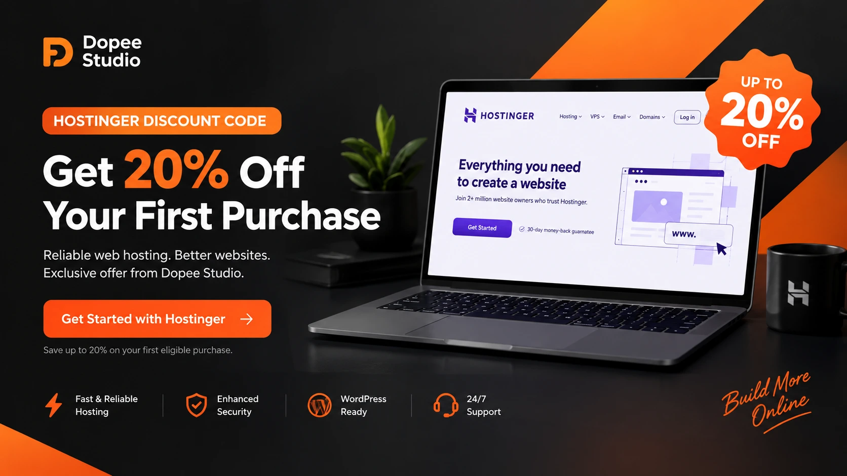 Hostinger discount code offering up to 20% off an eligible first purchase